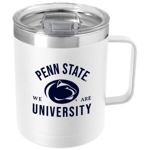 white stainless steel travel mug with Penn State University, Athletic Logo, and We Are